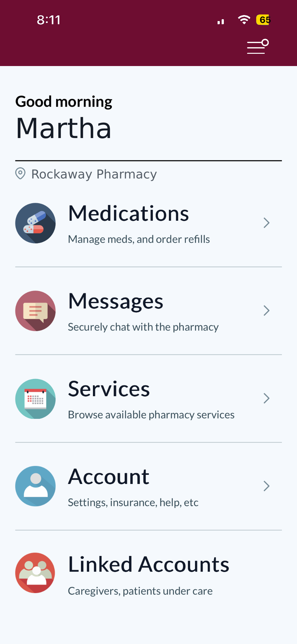 Rockaway Pharmacy patient portal home screen with medications, messages, services, and account options